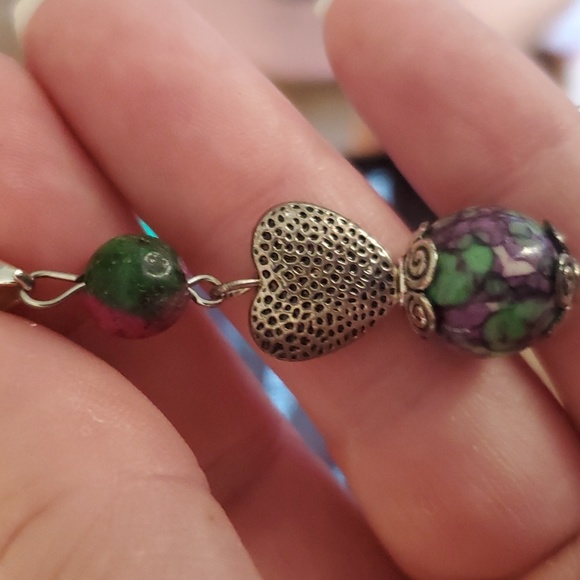 New Rainbow Jasper & Ruby In Fuchsite Ball Silver Heart Pendant. - Picture 2 of 12